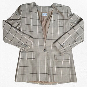 1980s Vintage Beige Tan Windowpane Plaid Boxy Power Suit Blazer Jacket Size 8